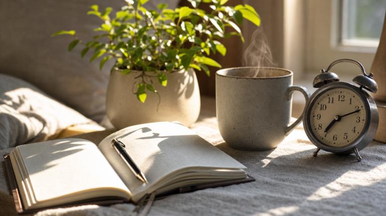 Sunlit bedside table with journal, mug, plant, and alarm clock in a calm morning scene.