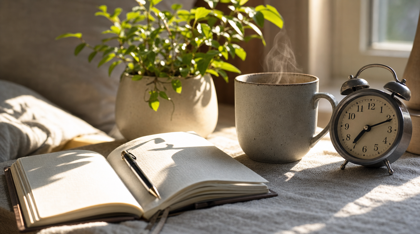 Sunlit bedside table with journal, mug, plant, and alarm clock in a calm morning scene.