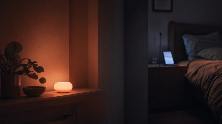 A warm red-toned nightlight glow contrasted with a cooler screen glow in a calm bedroom.