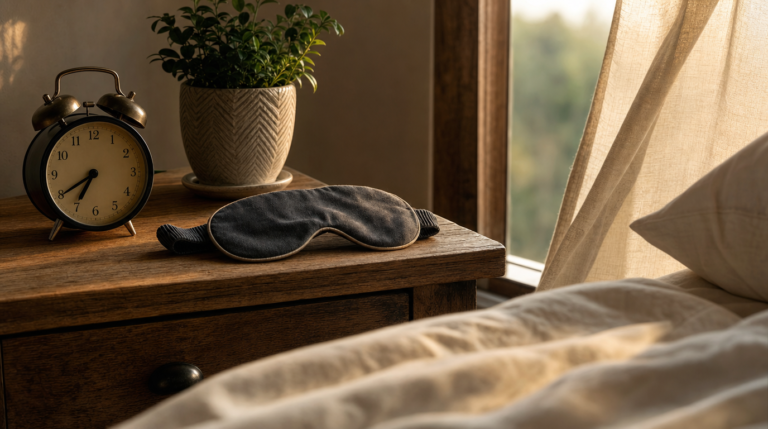 Bedside table with alarm clock and sleep mask in soft morning light