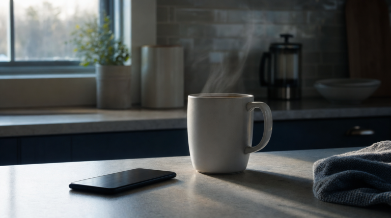 A tired adult with morning coffee at a kitchen counter after a rough night.