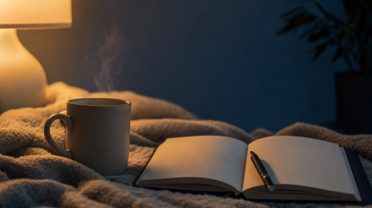 A calm evening relaxation moment with soft light, a journal, and a warm drink.