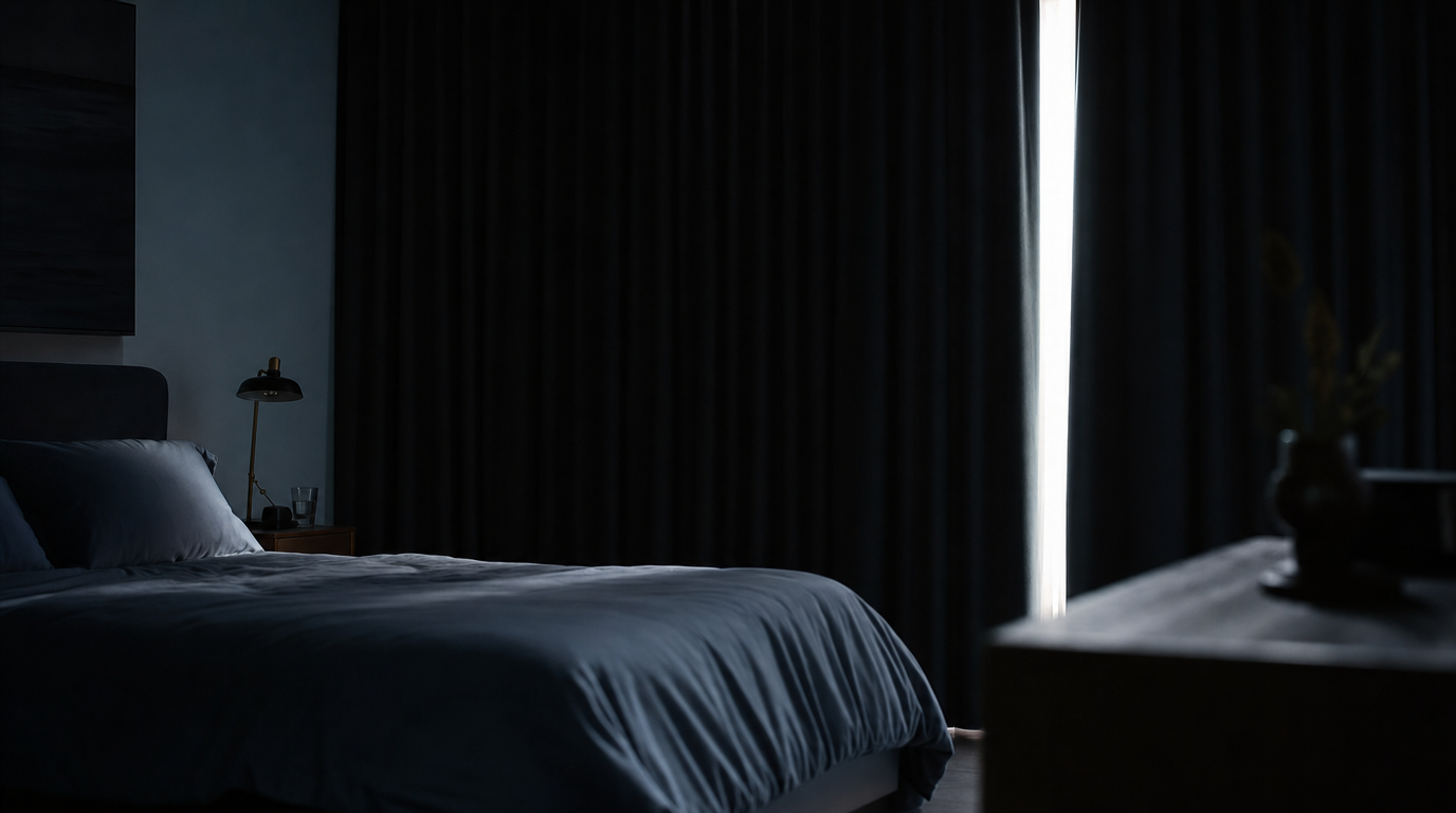 A bedroom is darkened by heavy blackout curtains during daytime, with only a thin sliver of light at the edge.