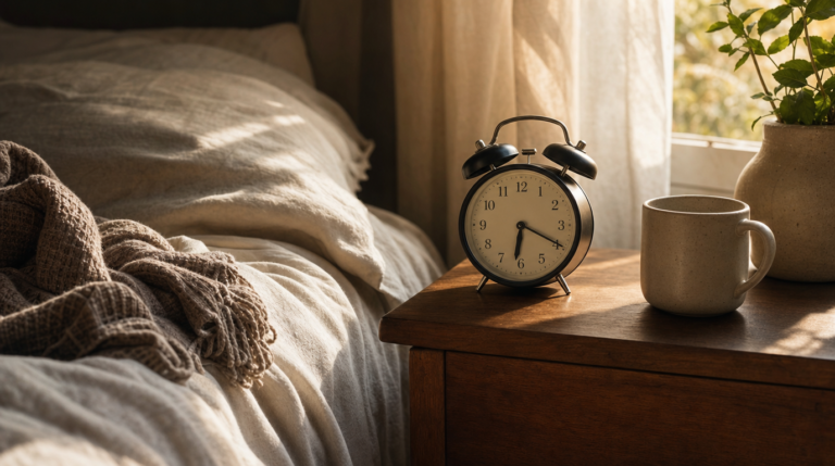 Bedside table with alarm clock and soft morning light through curtains