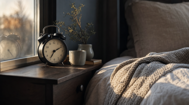 Bedside table with alarm clock reflected in window, folded throw and soft morning light on pillow