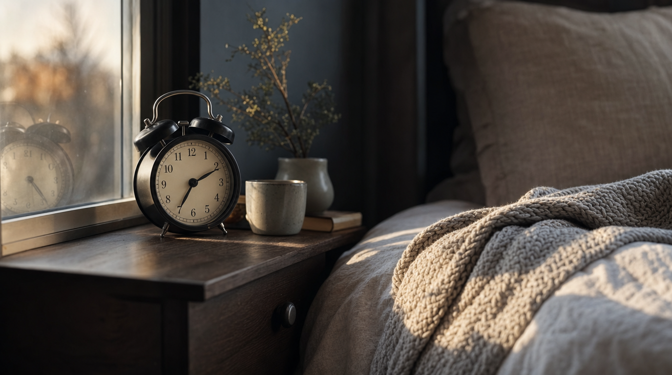Bedside table with alarm clock reflected in window, folded throw and soft morning light on pillow