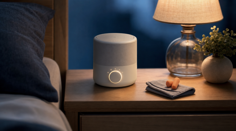 An unbranded sound machine and a small pair of earplugs together on a nightstand.