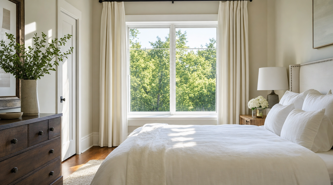 Bright, crisp morning light streams directly into a clean, sharply focused bedroom.