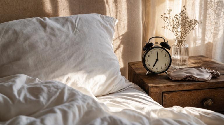 Unmade bed with pillow and alarm clock in warm morning light