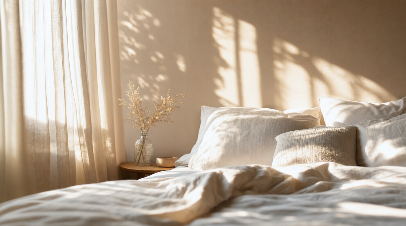 Soft morning light filters through sheer curtains, casting gentle patterns across a quiet bedroom.
