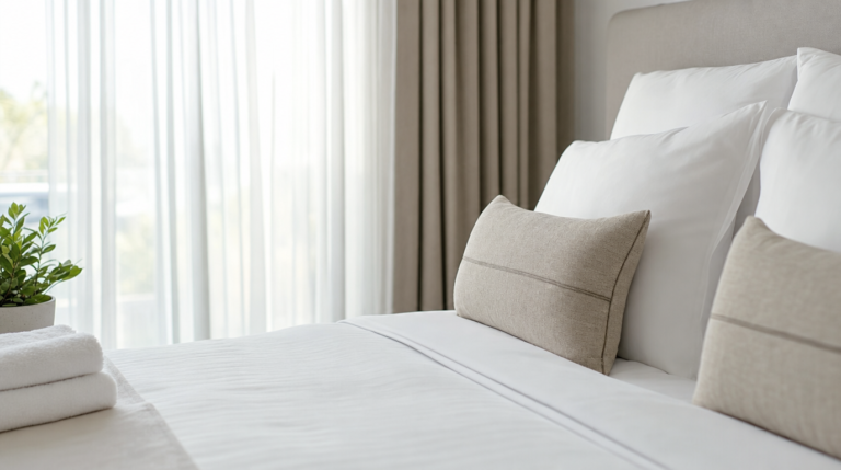 A crisp, neatly made bed sits near a bright window with sheer curtains, evoking the feel of a hotel room.