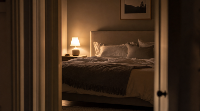 A bedroom is viewed at a distance in dim, warm nighttime light, with a bed showing slightly rumpled sheets.