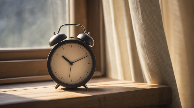 A simple analog alarm clock rests on a windowsill in soft early morning light.