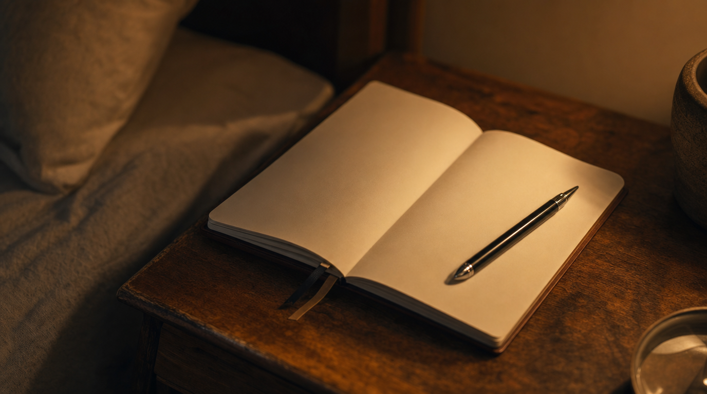 An open journal and pen rest on a nightstand in warm, dim evening light.