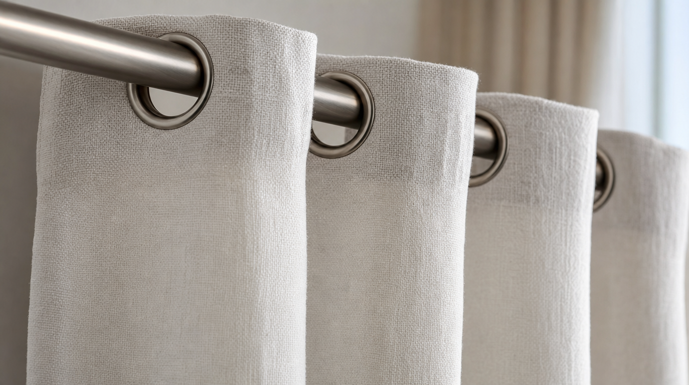 Close-up of curtain grommets threaded onto a metal curtain rod.