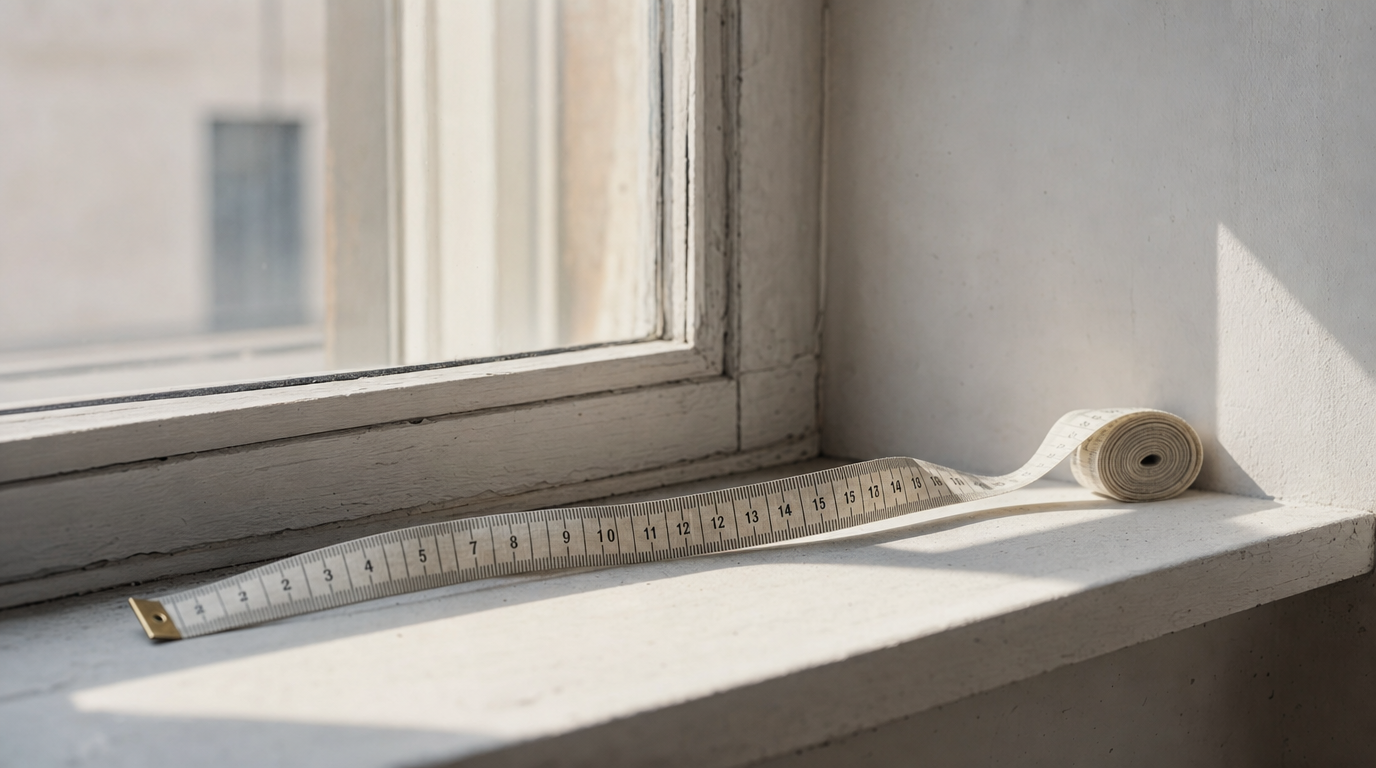 A tape measure held up to a bare window frame before ordering blackout curtains.