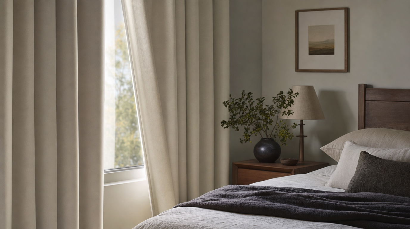 Off-white blackout curtain panels hanging at a bedroom window beside a made bed.