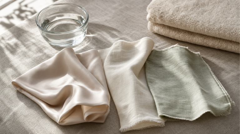 Close-up still life of silk, cotton, and bamboo sleep-mask fabrics on a linen surface in soft window light.