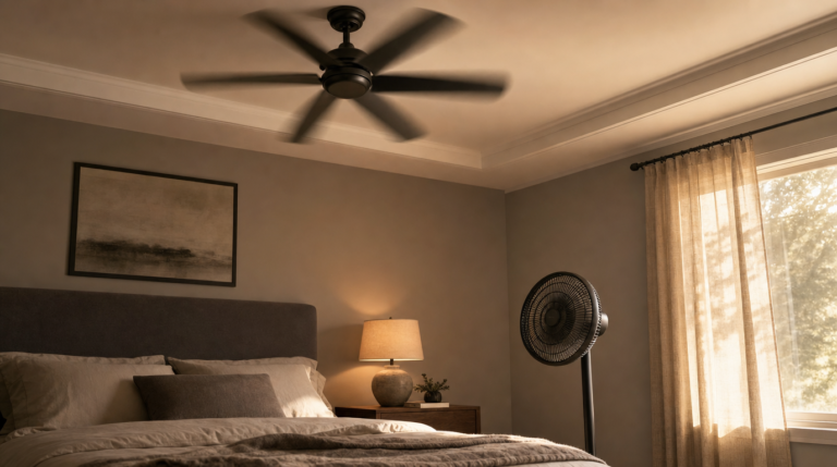 Bedroom with ceiling fan overhead and standing fan beside a bed, soft lamp light and textured bedding.