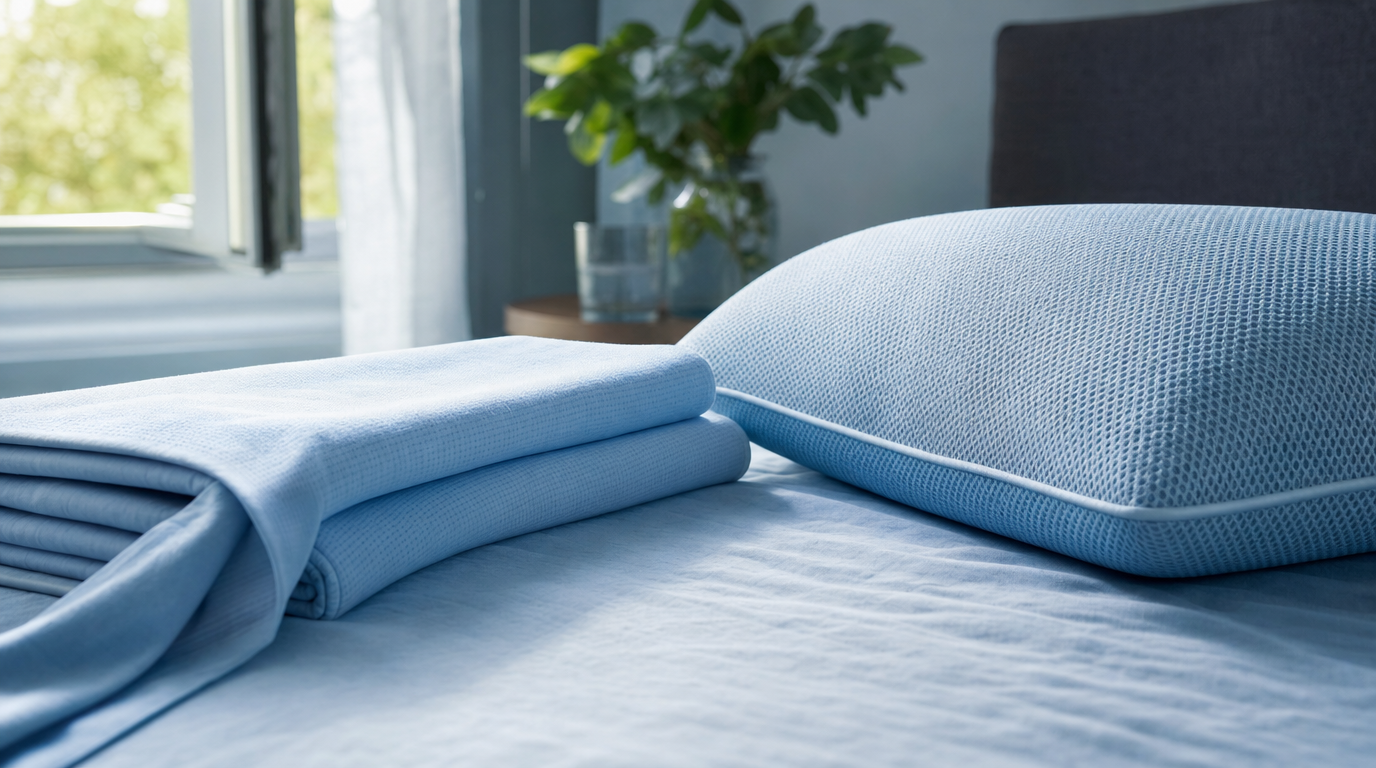 Folded cooling sheets next to a cooling pillow on a bed with soft window light