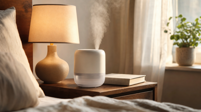 Nightstand with an unbranded humidifier, lamp, and book by a sheer-curtained window