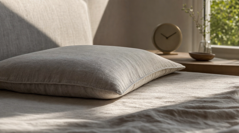 Low-profile flat pillow on a made bed with soft morning light and a bedside clock