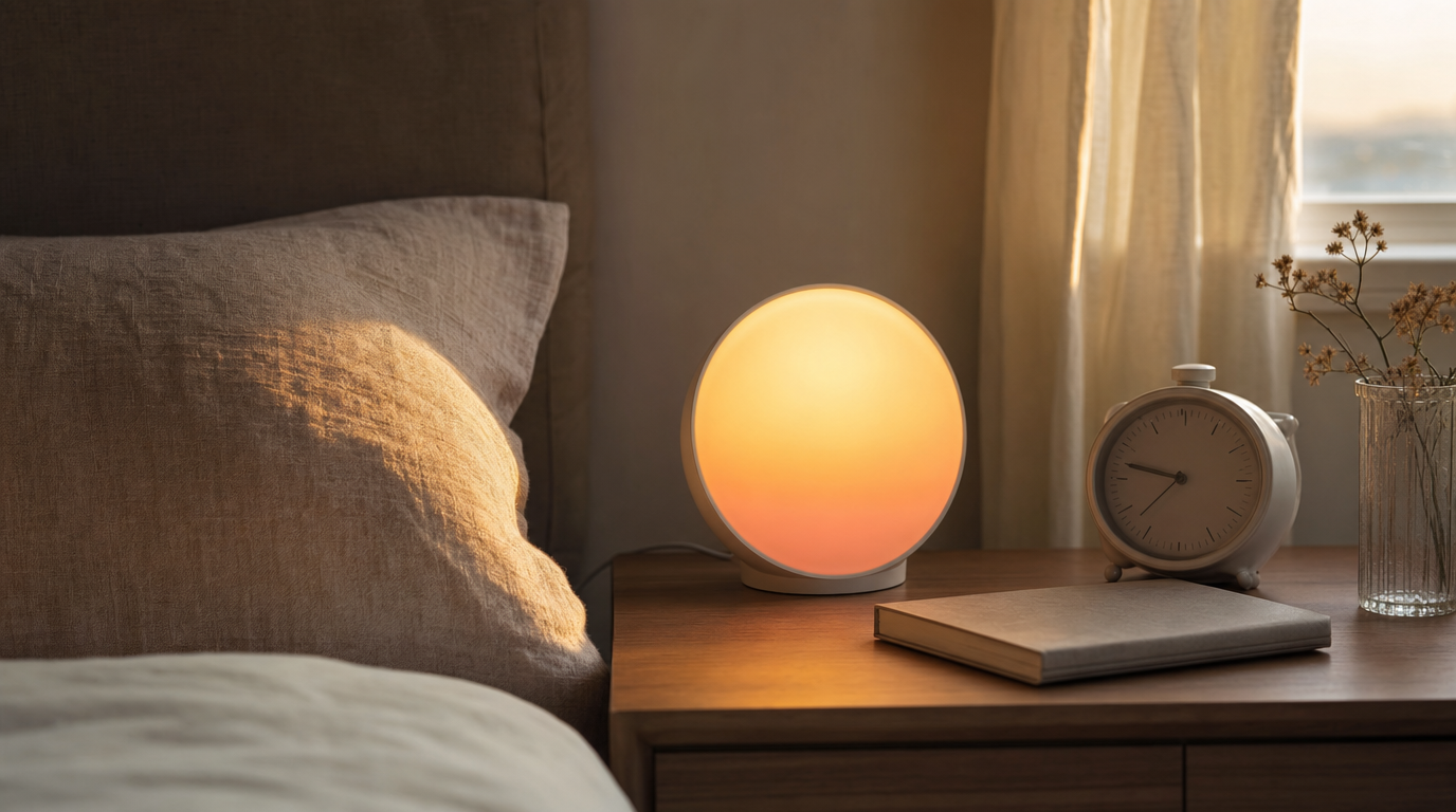 Sunrise-style wake light casting a warm glow on a bedside table and pillow at dawn