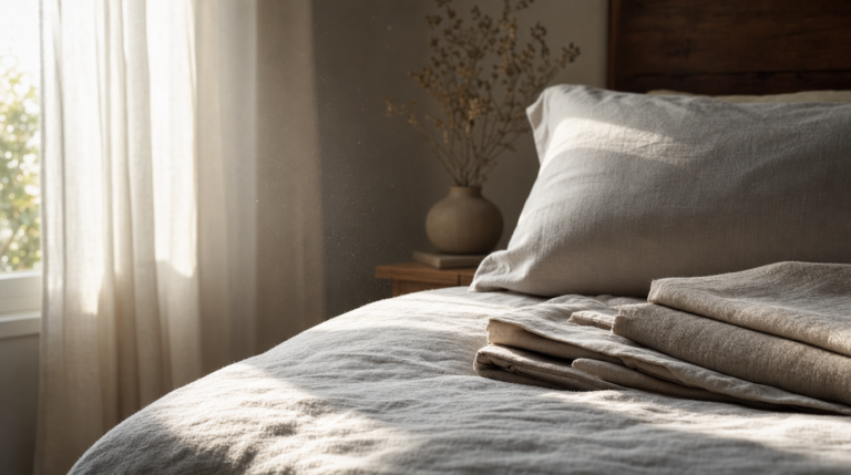 Close-up of pillow and folded linen on a bed with sunlight through a curtain