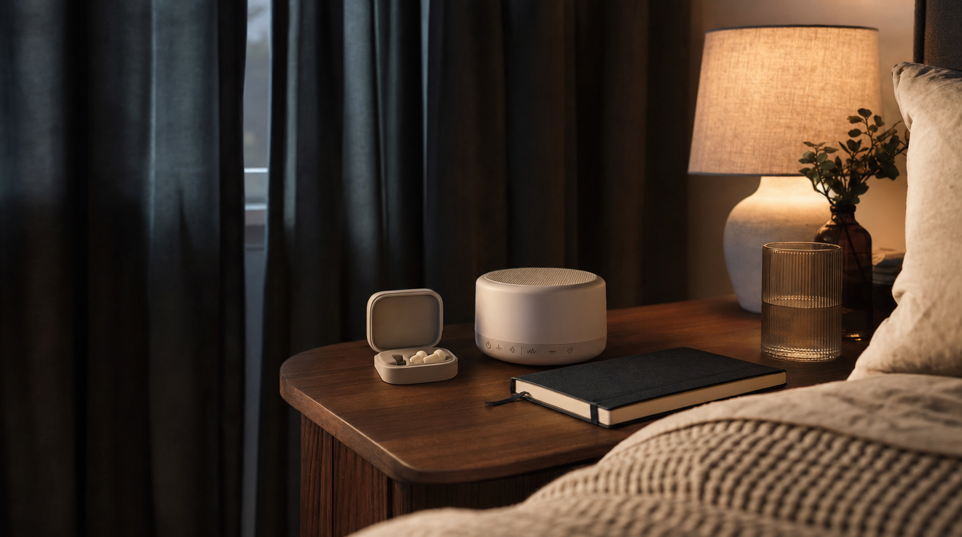 Bedside table with earplug case and white-noise machine beside closed curtains; cozy evening light.