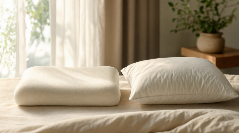 Two pillows on a bed—one contoured and smooth, one fluffy and lofted—near a sunlit window.