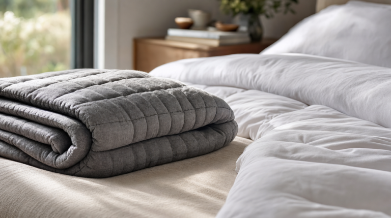 Close-up of a folded weighted blanket next to a fluffy comforter on a bed under soft morning light